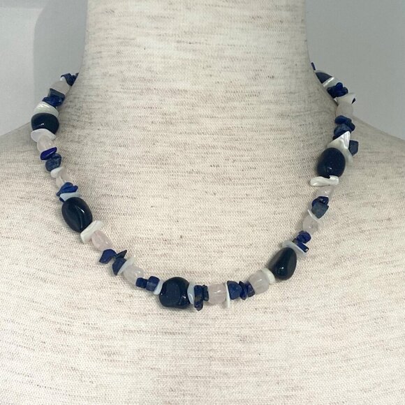 Sterling Silver 925 Sodalite Quartz MOP Blue Goldstone Beaded Necklace 17.5" - Picture 12 of 16